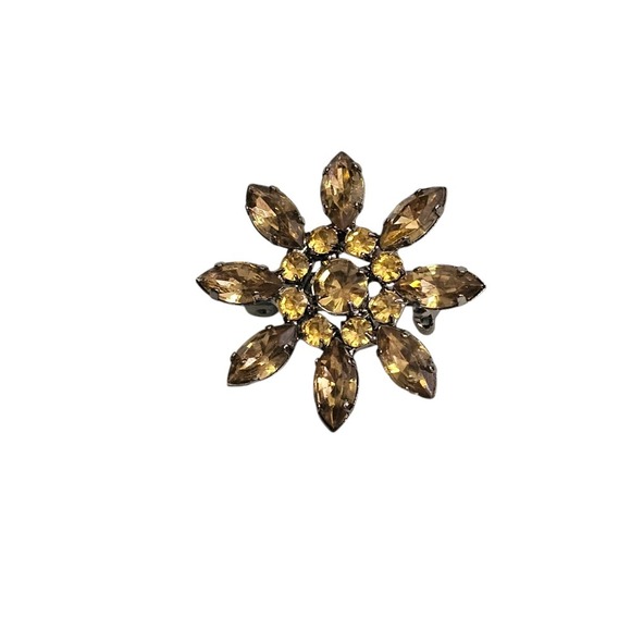 Rhinestone Flower Brooch Pin Champagne Gold Tone Floral Statement Jewelry - Picture 4 of 6